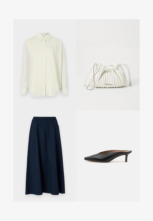 Light cream button-up shirt with a classic collar, long sleeves, a single chest pocket, and a smooth, soft fabric texture.; Long-sleeve polo shirt with navy and gray vertical stripes, featuring a collar, button placket, and ribbed hem and cuffs.; Navy blue, full-length skirt made from textured fabric with an elastic waistband and subtle vertical stripes.; Black leather mules with a pointed toe and low, block heel. Smooth texture with a sleek design. Open back with minimal detailing.; White pleated handbag made of soft material. Features drawstring closure, braided handles, and a silver-tone hardware accent.
