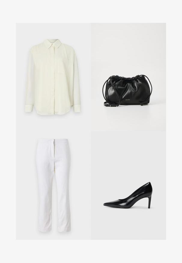 Jasna kremowa koszula zapinana na guziki z klasycznym kołnierzykiem, długimi rękawami, jedną kieszenią na piersi oraz gładką, miękką teksturą materiału.; Białe bawełniane spodnie o prostym kroju nogawki, z średnim stanem, bez widocznych elementów metalowych czy wzorów. Gładka tekstura na całej powierzchni.; Czarna skórzana szpilka z ostrym noskiem, gładką fakturą i zwężającym się obcasem. Minimalistyczny design, bez dodatkowych zdobień.; Czarna skórzana torebka z marszczonym wzorem, podwójnym zapięciem na sznurki oraz odpinanym paskiem na ramię. Posiada metalowy detal z logo.