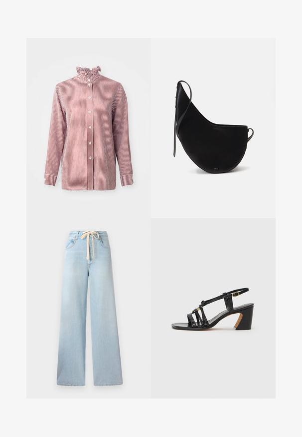 Punat ja valged triibulised särgid, millel on volangkaelus ja nööpidega esiosa, pikkade varrukatega ja mansettidega, valmistatud kergest kangast.; Vaaleansiniset leveälahkeiset farkut, joissa on nyörikiinnitys vyötäröllä ja klassinen viisi-taskuinen muotoilu, jossa on minimaalisesti haalistumista.; Paul Smith AMIRA - Avokkaat - black; Musta nahkainen käsilaukku, joka on kaarevan kuun muotoinen, jossa on ohut hihna ja hienovarainen kultabrändäys edessä. Suora pinta, jossa on minimaalista metalliosuutta.