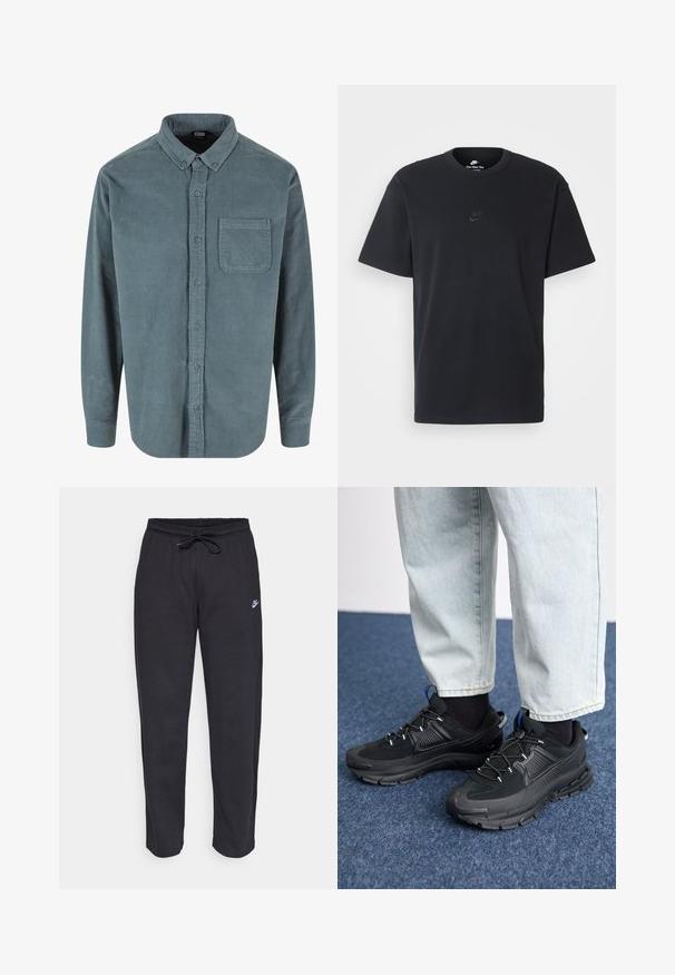Teal värvi sametpaita nööpidega kaeluses, eesmahuti ja täispikkade varrukatega, millel on ribaline tekstuur ja sinised nööbid.; Nike musta mustast puuvillast T-särk klassikalise ümmarguse kaelusega, lühikeste varrukatega ja õrna, reljeefse logoga rinnal. Sile tekstuur.; Mustad mustad, pehmest kangast, elastse vöökoha, nööriga ja väikese Nike logo'ga vasakul reiel.; Mustad mustad jooksukingad, millel on tekstureeritud kangas ja kummist tallad, elastsed nöörid ning sinine aksent kandadel. Kandmine heledate teksadega.
