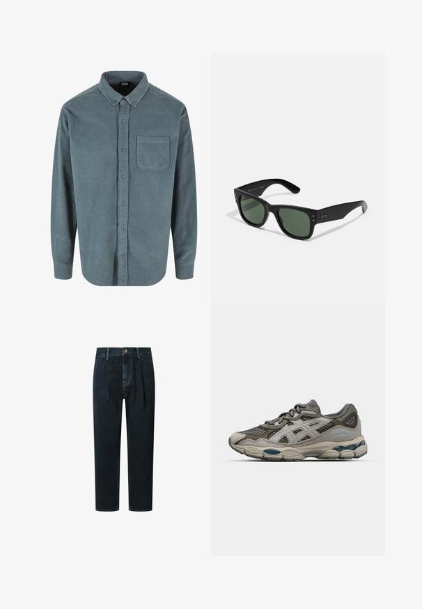Tyrkysová kordurová košile s typickým límcem a knoflíky, přední kapsou a dlouhými rukávy, s vroubkovanou texturou a modrými knoflíky.; Bílý bavlněný top na ramínka s kulatým výstřihem, širokými ramínky a rovním lemem, s hladkou texturou a bez viditelných vzorů.; Tmavě modré džíny s volným střihem, vysokým pasem, sklady, předním zapínáním na knoflík a zlatým kontrastním prošíváním.; Šedá a béžová sportovní obuv s síťovinovými panely, tečkovanou texturou a stříbrnými akcenty. Má odpruženou podrážku a zavazovací design.; Černé obdélníkové sluneční brýle se zelenými skly, matným povrchem, nenápadnými kovovými akcenty a Embosovaným logem na stranicích.