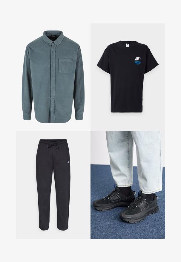 Tummansininen corduroy-paita, jossa on nappikaulus, etutasku ja pitkät hihat. Paidassa on ribattu pinta ja siniset napit.; Musta puuvillapaita lyhyillä hihoilla, jossa on edessä valkoinen Nike-logo ja sininen "VAIN VALTUUTETULLE HENKILÖSTÖLLE" -teksti.; Mustat verkkareita pehmeästä kankaasta, jossa on joustava vyötärö, nyöri ja pieni Nike-logo vasemmassa reidessä.; Mustat urheilukengät, joissa on teksturoitu kangas ja kumipohjat, elastiset nauhat ja sininen yksityiskohta kannassa. Yhdistetty vaaleisiin farkkuihin.