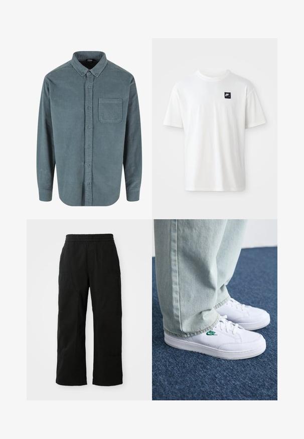 Mėlynojo veliūro marškiniai su atlenkiama apykakle, priekiu su kišene ir pilno ilgio rankovėmis, pasižymintys įdubusia tekstūra ir mėlynomis sagomis.; Balta medvilnės marškinėliai su trumpomis rankovėmis ir apvalia iškirpte; ant kairiojo krūtinės puikuojasi mažas juodas stačiakampis "Nike Air" logotipas.; Juodi medvilniniai kelnių su elastinga juosta, plačiomis kojomis ir didelėmis šoninėmis kišenėmis. Audinys atrodo minkštas ir glotnus.; Balti odiniai sportbačiai su žaliu Nike logotipu, apvalia nosimi, plokščiu padu, derinami su šviesiai mėlynomis džinsinėmis kelnėmis, rodomi ant mėlynos kiliminės dangos.
