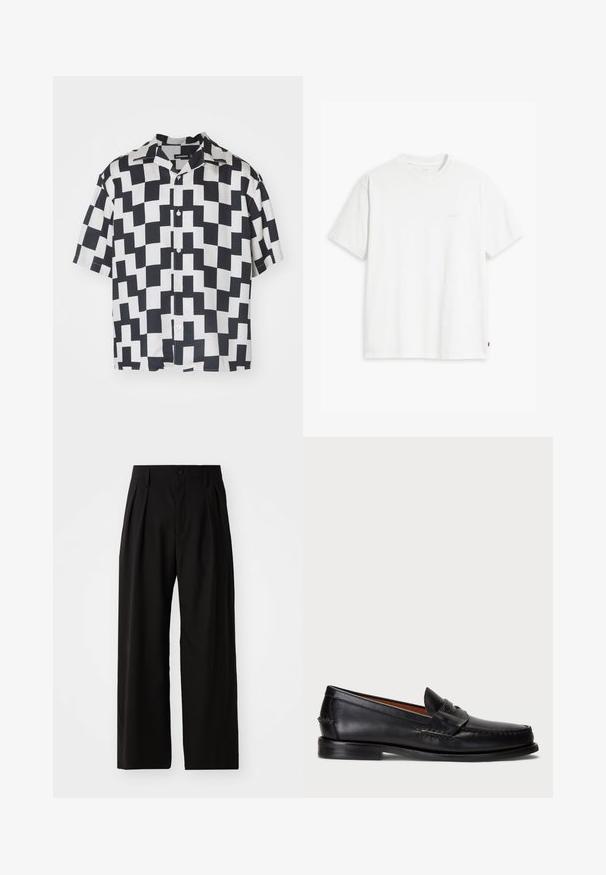 Kortærmet skjorte med et geometrisk sort-hvidt mønster, lavet af et glat stof med en camp krave og knaplukning foran.; Hvid bomulds T-shirt med korte ærmer, rund hals og en diskret Levi's logo trykt i midten. Blød tekstur og standard pasform.; Sorte bukser med vid ben, der har en glat overflade, to frontplisseringer, knaplukning og sidelommer. Holdbart stof.; Sorte læder slip-on sko med rund tå, syede detaljer og et dekorativt bånd tværs over fronten. Flad sål med et minimalistisk design.