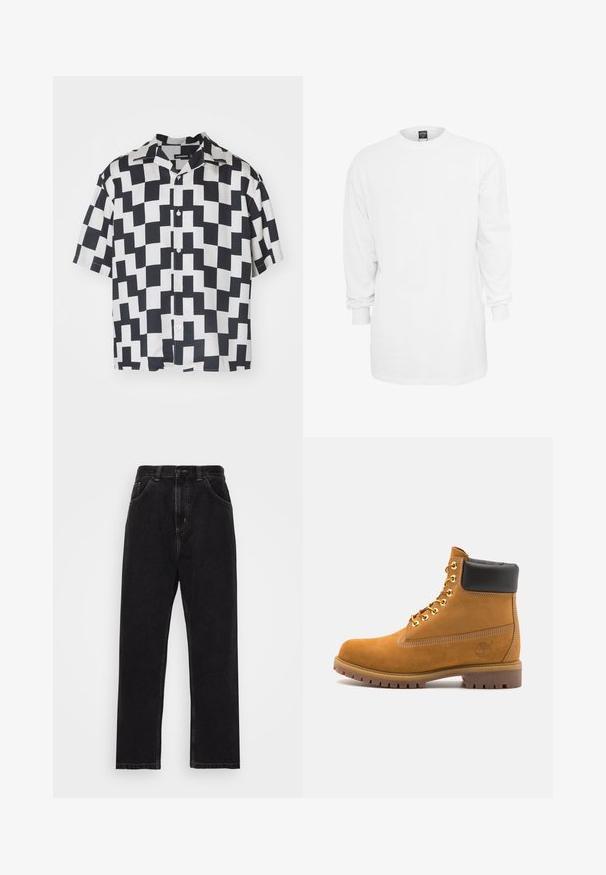 Īsām piedurknēm krekls ar ģeometrisku melnbaltu rakstu, izgatavots no gludas auduma ar nometu apkakli un pogu priekšpusē.; Garām piedurknēm balta kokvilnas t-kreklu ar apaļu kakla izgriezumu, brīvs griezums un ribotas piedurknes. Vienkāršs dizains, bez grafikas vai rakstiem.; Melni džinsi ar taisnu kāju dizainu, pieci kabatas, pogu un rāvējslēdzēja aizdare un kontrastējoša dzeltena diega šuvums.; Brūna zamša potīte ar melnu izšuvumu ap kaklu, zelta metāla acu caurumi, balta šuvju apdare un izturīgs gumijas zole ar izteiktu zīmējumu.