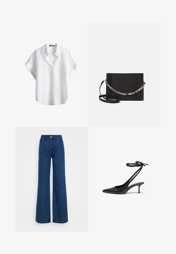 Weißes Kurzarmhemd aus weichem Baumwollstoff, mit Umlegekragen und lässiger Passform. Verfügt über eine durchgehende Knopfleiste und einen abgerundeten Saum.; Weite blaue Jeans mit hoher Taille, vorderem Knopf- und Reißverschlussverschluss sowie Vorder- und Hintertaschen vor einem schlichten Hintergrund.; Schwarzer Leder-Stiletto mit spitzem Zehenbereich, offenem Fersenbereich und mit einer Schleife gebundenen Knöchelriemen. Schlanker 3-Zoll-Absatz. Glatte Textur, minimalistisches Design.; Schwarze Leder-Crossbody-Tasche mit glatter Textur, rechteckiger Form und metallic-kettendetail auf der Vorderseite. Verstellbarer Gurt inklusive.