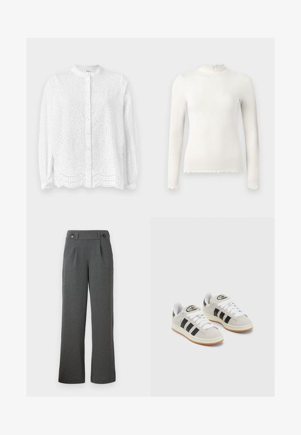 White blouse with a rounded neckline, long sleeves, and button closure; features embroidered cutouts and a scalloped hem.; Long-sleeve white ribbed turtleneck top with a ruffled neck and frayed hem detailing. Smooth texture, form-fitting design.; Gray wide-leg trousers made of textured fabric, featuring a high waist, front pleats, and two buttons at the waistband.; Gray suede sneakers with white laces, black stripes, and a white rubber sole. Features a circular logo on the tongue and a gum sole.