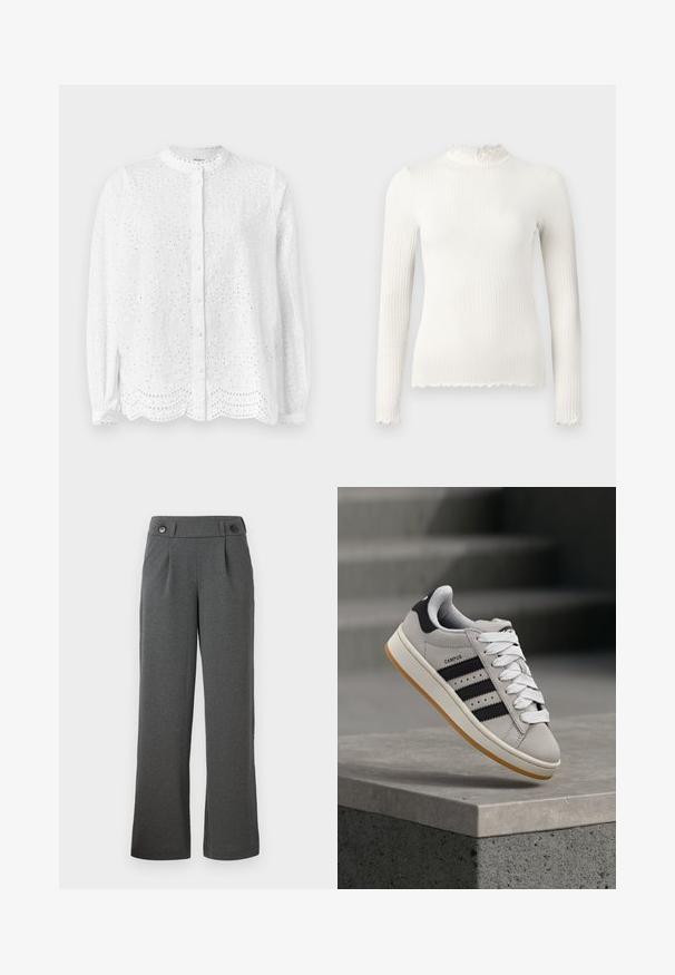 White blouse with a rounded neckline, long sleeves, and button closure; features embroidered cutouts and a scalloped hem.; Long-sleeve white ribbed turtleneck top with a ruffled neck and frayed hem detailing. Smooth texture, form-fitting design.; Gray wide-leg trousers made of textured fabric, featuring a high waist, front pleats, and two buttons at the waistband.; Gray Adidas Campus sneaker with black stripes and white laces floating above a concrete ledge with stairs in the background.