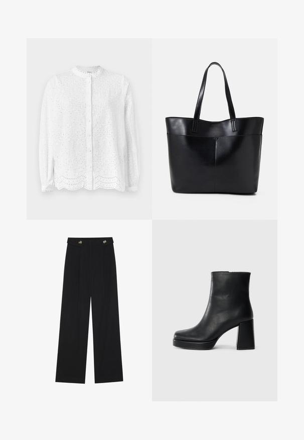 White blouse with a rounded neckline, long sleeves, and button closure; features embroidered cutouts and a scalloped hem.; Black wide-leg trousers with high waist, button details on waistband, and front pleats.; Black leather ankle boot with a block heel and platform sole, viewed from the side on a plain white background.; Black leather tote bag with two long handles, a smooth texture, and a structured shape. Features a front pocket for additional storage.