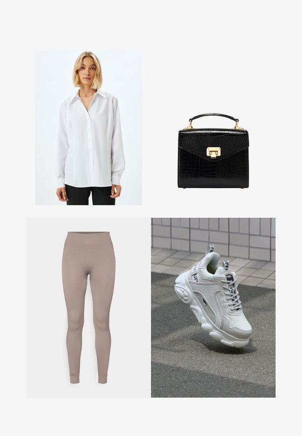 Hvid langærmet skjorte med knaplukning og krave, lavet af glat stof, med lige snit og minimalistisk design.; Ribbet leggings i en blød taupe farve, med høj talje, smal pasform og tætsiddende ankler. Fremstillet af et tekstureret, strækbart stof.; Hvide sneakers med mesh- og lædermaterialer, rund tå, tyk sål, fremtrædende snørebånd og branding på hælen og tungen.; Sort faux-krokodilleder håndtaske med et struktureret design, guld hardware, en top håndtag og en magnetisk klaplukning.