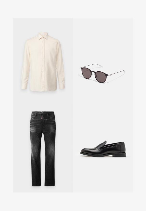 Svetlo béžová košeľa s dlhými rukávmi vyrobená z mäkkej tkaniny, so zapínaním na gombíky vpredu, klasickým golierom a gombíkovými manžetami.; Čierne denimové džínsy so štandardným strihom. Obsahujú vyblednuté oblasti, drobné opotrebenie, klasický dizajn s piatimi vreckami a zapínanie na gombík.; Čierne kožené mokasíny s hladkou textúrou, zaoblenou špičkou a dekoračným pásikom cez priehlavok. Nízky vrstvený opätok, minimalistický dizajn.; Čierne okrúhle slnečné okuliare s tmavými sklami a tenkými kovovými ramenami. Obsahujú priehľadné konce rámov a strieborné akcenty na pántoch. Minimalistický dizajn.