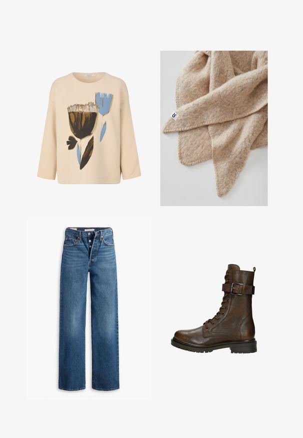 Top in cotone beige con maniche a 3/4, caratterizzato da un motivo floreale nei colori marrone, blu e nero. Collo tondo e vestibilità ampia.; Jeans in denim blu con un design a gamba larga, cinque tasche, chiusura con bottoni e cuciture a contrasto. Tessuto testurizzato con una finitura sbiadita.; Stivaletto in pelle marrone con lacci, fibbia laterale, punta rotonda, suola robusta e dettagli di cucitura per un tocco in più.; Coperta in lana beige con una finitura testurizzata, caratterizzata da un bordo cucito e un piccolo etichetta in un angolo. Aspetto morbido e accogliente.; Borsa a secchiello in pelle nera con chiusura a cordoncino, caratterizzata da un logo "CK" lucido sulla parte anteriore e dettagli in hardware dorato.