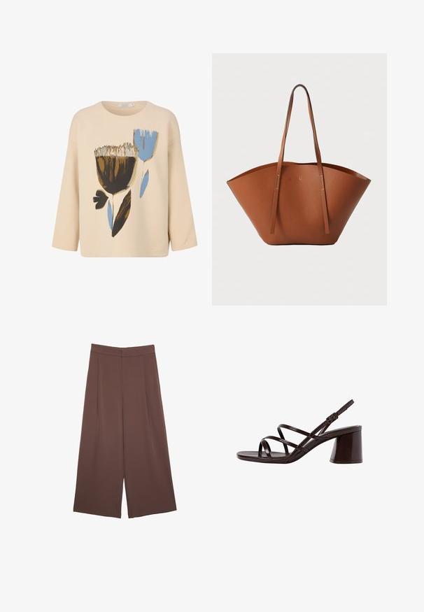 Beige Baumwolloberteil mit 3/4-Ärmeln, mit floralem Design in Braun, Blau und Schwarz. Runder Ausschnitt und lockere Passform.; Braune Weite-Leg-Hosen mit einer glatten Textur, hoher Taille und Vorderfalten. Der Stoff ist leicht und fällt locker.; Braune, geschnallte High-Heel-Sandalette mit einem dicken Absatz, die über eine glatte, glänzende Oberfläche und mehrere überkreuzte Riemen im Obermaterial verfügt.; Braune Leder-Tote mit einer breiten, strukturierten Form, dünnen Griffen und einer strukturierten Oberfläche. Bietet ein minimalistisches Design ohne sichtbare Beschläge.