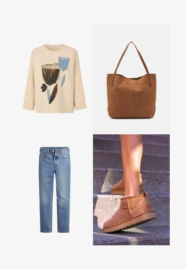 Beige cotton top with 3/4 sleeves, featuring a floral design in brown, blue, and black. Round neckline and loose fit.; Light blue denim jeans with a straight cut, five-pocket design, and a button fly. Features subtle fading and orange stitching accents.; Tan suede ankle boots with a soft texture, stitched detailing, and a rubber sole, featuring a looped heel for easy wear.; Brown suede tote bag with two long handles, featuring a smooth texture, simple design, and no visible hardware or accents.