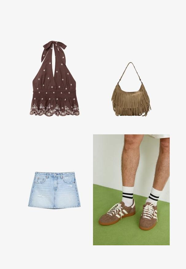 Hnědý halter top vyrobený z látky, který má bílé květinové výšivky a nařasený pas s vlnitým lemem a stahovací šňůrkou na krku.; Světle modrá džínová sukně s rovný střih, předními kapsami a poškozenými detaily. Dokončeno s knoflíkem a zipovým uzávěrem.; Hnědé semišové tenisky s bílými akcenty a tkaničkami. Gumová podrážka. Nošeny s bílými ponožkami s černými pruhy. Zelená strukturovaná podlaha.; Hnědá semišová kabelka s dlouhými třásněmi, zakřiveným tvarem a jedním ramenním popruhem. Vyznačuje se hladkým, texturovaným povrchem.