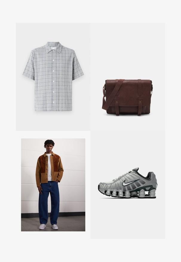 Srajca s kratkimi rokavi, svetlo modre in bele karo vzorec, z gumbi spredaj, ovratnik, izdelana iz teksturirane tkanine s sproščenim krojem.; Moški stoji v notranjosti, oblečen v rjav žametni jopič z rjavimi madeži, bel t-shirt, ohlapne modre kavbojke in bele superge.; Sive in črno Nike tekaška čevelj s vidno vzmetno blaženje pod podplatom in belim logotipom swoosh na strani.; Rjava usnjena torba za sporočila z ravnim sprednjim poklopcem, dvema trakovoma, zlatimi kovinskimi detajli in nastavljivim naramnim pasom.