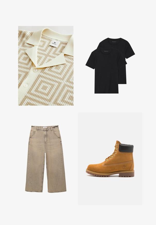 Next REGULAR FIT - SHORT SLEEVE GEOMETRIC PATTERN WITH CUBAN COLLAR
- Skjorta - neutral; Två svarta bomull t-shirts med korta ärmar, rund halsringning och en mjuk textur, visas staplade tillsammans.; PULL&BEAR MEGA BAGGY - Baggy jeans - light grey; Tan mockasins ankelstövlar med svart vadderad krage, guldmetallöglor, vit sömdekor och slitstöt gummisula med utmärkta mönster.