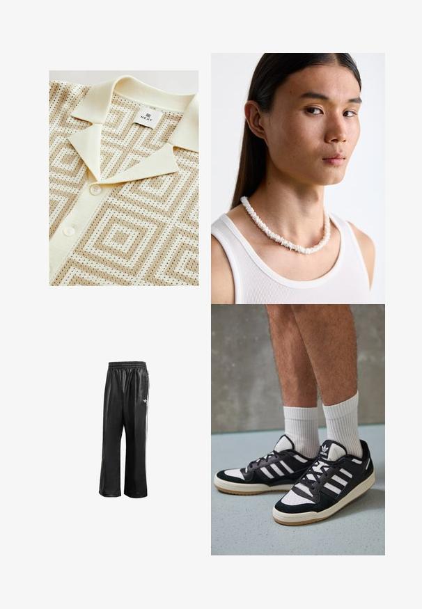 Next REGULAR FIT - SHORT SLEEVE GEOMETRIC PATTERN WITH CUBAN COLLAR
- Marškiniai - neutral; Juodos sintetinių medžiagų treniruočių kelnės su elastingu juosmeniu, su baltomis šoninėmis juostelėmis ir mažuoju baltu logotipu kairėje klubo pusėje.; Juodos ir baltos sportinės bateliai su zomšiniu ir odiniu viršumi, su trimis baltomis juostelėmis, perforuota koja ir guminėmis padais.; Baltos kriauklės vėrinys, sudarytas iš netaisyklingų formų, nešiojamas virš prigludusio balto maikės. Lygus paviršius su subtiliu blizgesiu, artimai prigludusi konstrukcija.