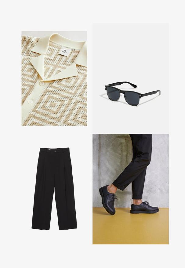 Next REGULAR FIT - SHORT SLEEVE GEOMETRIC PATTERN WITH CUBAN COLLAR
- Overhemd - neutral; Zwarte wijde broek gemaakt van gladde stof, met een platte tailleband, voorplooien en een enkele knoopsluiting.; Zwart leren veterschoenen met een ronde neus, gestructureerd oppervlak en dikke rubberen zool. Gekocht met opgerolde zwarte broeken tegen een betonnen achtergrond.; Zwarte zonnebril met een rechthoekige vorm, donkere lenzen, zilveren accenten bij de slapen en een matte afwerking op het montuur.