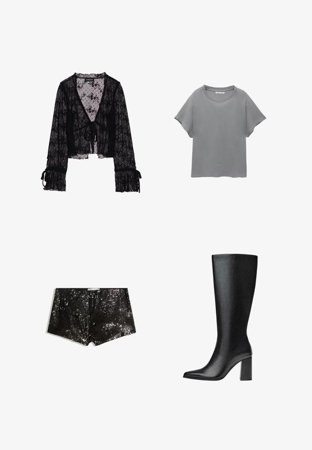 Črna čipkasta bluza z cvetličnim vzorcem, prosojna tkanina, V-izrez, zavezovanje spredaj in nabrane zvonaste rokave z zavezanimi detajli.; PULL&BEAR SHORT SLEEVE - Potiskana majica - grey; Črne šljokičaste kratke hlače z oprijeto zasnovo. Ponuja bleščeče šljokice, gladko teksturo in pas za varen oprijem.; Črne škornje do kolen iz umetnega usnja s koničastim nosom, gladko teksturo in debelim blok peto. Minimalistična zasnova brez vidnih dodatkov.