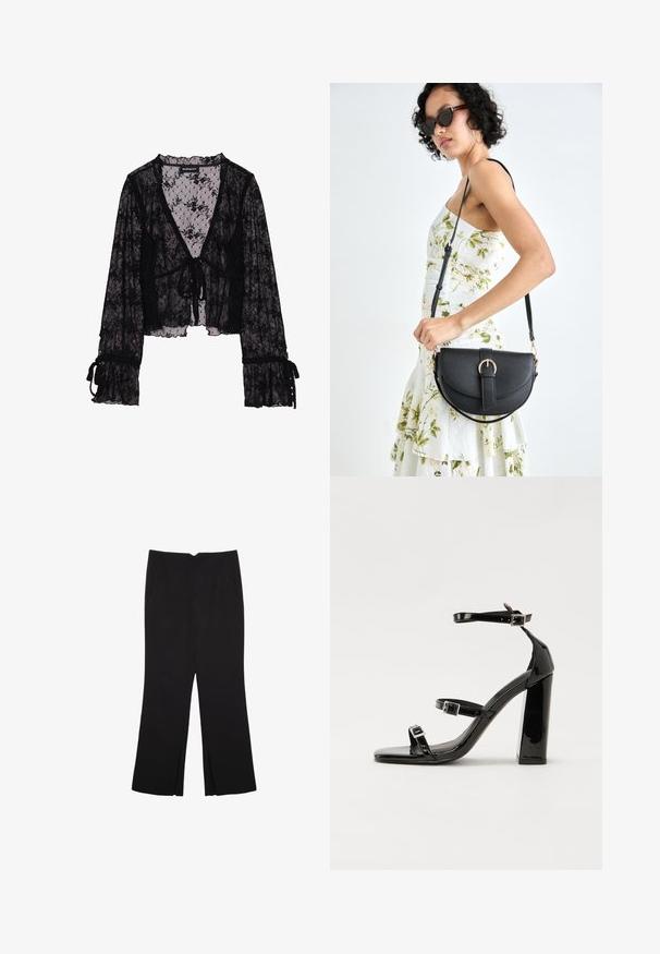 Črna čipkasta bluza z cvetličnim vzorcem, prosojna tkanina, V-izrez, zavezovanje spredaj in nabrane zvonaste rokave z zavezanimi detajli.; Črne hlače ravnega kroja z naglavnimi žepi in stranskimi razporki na robu. Narejene iz mehke, gladke tkanine. Primerne za različne priložnosti.; Črne lakirane sandale s peto, kvadratnim prstom, trakovi okrog gležnja in srebrnimi zaponkami. Opremljene so s stabilno Debelo peto.; Črna usnjena torbica s ukrivljeno obliko, z odstranljivo naramnico in zlatimi dodatki. Torbica ima pokrov s podrobnostmi v obliki zaponke.