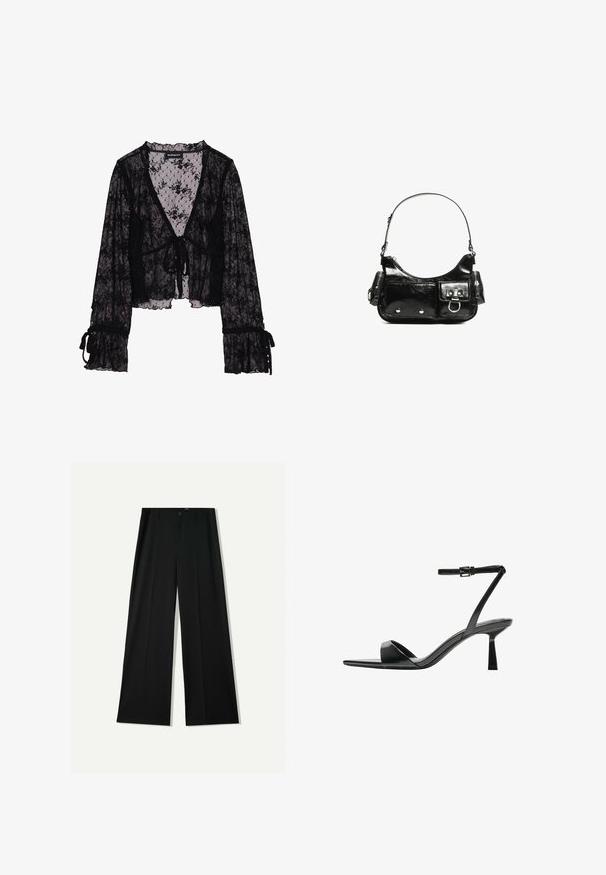 Schwarze Spitzenbluse mit floralem Muster, durchsichtiger Stoff, V-Ausschnitt, vorn zu bindende Verschluss und geraffte Glockenärmel mit Bindungsakzenten.; Bershka WIDE - Stoffhose - black; Bershka High Heel Sandalette - black; Schwarze Lackleder-Handtasche mit geschwungenem Design, einem Schulterriemen, Vordertaschen und silberfarbenen Hardware-Akzenten.