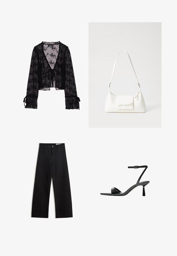 Fekete csipkeblúz virágmintával, áttetsző anyagból, V-nyakkivágással, megkötős elülső záródással és fodros harangujjakkal, amelyek megkötő részletekkel rendelkeznek.; Fekete, bő szabású farmernadrág magas derékkal, elülső és hátsó zsebekkel, varrott felületekkel és gombos záródással. Sima textúra.; Bershka Magas sarkú szandálok - black; Fehér szintetikus kézitáska, háromszög alakú, lapos előlap, masni részlettel, állítható pánttal, sima textúrával és minimalista dizájnnal.