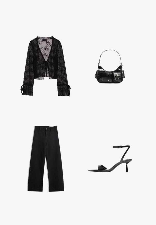 Črna čipkasta bluza z cvetličnim vzorcem, prosojna tkanina, V-izrez, zavezovanje spredaj in nabrane zvonaste rokave z zavezanimi detajli.; Črne široke denim hlače z visokim pasom, ki imajo sprednje in zadnje žepe, šivane šive ter gumbasto zapiranje. Gladka tekstura.; Bershka Sandali z visoko peto - black; Črna lakasta usnjena torbica s ukrivljeno obliko, enim ramenskim trakom, sprednjimi žepi in srebrnimi kovinskimi dodatki.