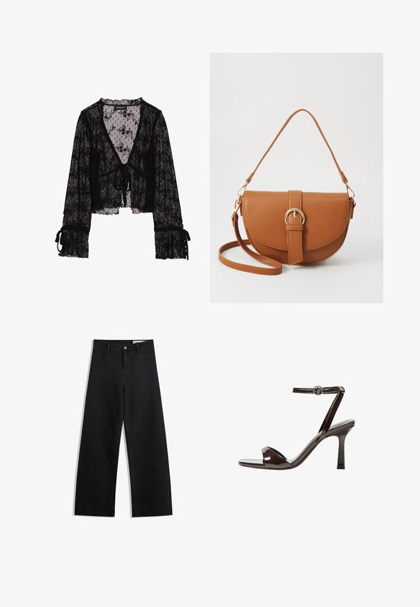Bluză neagră din dantelă cu model floral, material transparent, decolteu în V, închidere cu fundiță în față și mâneci evazate cu volane și detalii cu fundițe.; Pantaloni din denim negri cu picioare largi, cu talie înaltă, având buzunare frontale și posterioare, cusături dublate și închidere cu nasture. Textură netedă.; Sandale cu toc înalt din piele lacuită maro, cu bretele la gleznă, vârf deschis și un design elegant, minimalist. Dispune de un toc pătrat.; Geantă din piele maro, tip crossbody, cu o formă curbată, accesorii aurii și un accent cu cataramă. Dispune de un curea de umăr detașabilă.