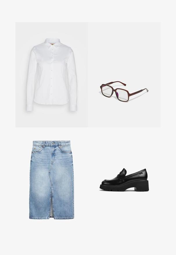 Witte langwerpige blouse met knopen en een brede kraag, gemaakt van een gladde katoenstof met een afgeronde zoom. De stof heeft een lichte glans.; Lichte blauwe denimrok, knie-lengte met een voorkeursplit. Voorzien van vijf riemlussen, twee voorzakken en sluiting met metalen knoop.; Zwarte leren loafers met chunky hak en dikke zool, met een banddetail over de bovenkant, zijaanzicht op een witte achtergrond.; Bruine, rechthoekige bril met transparante glazen en paarse tinten. Glad kunststof montuur met rechte pootjes en subtiele accenten.