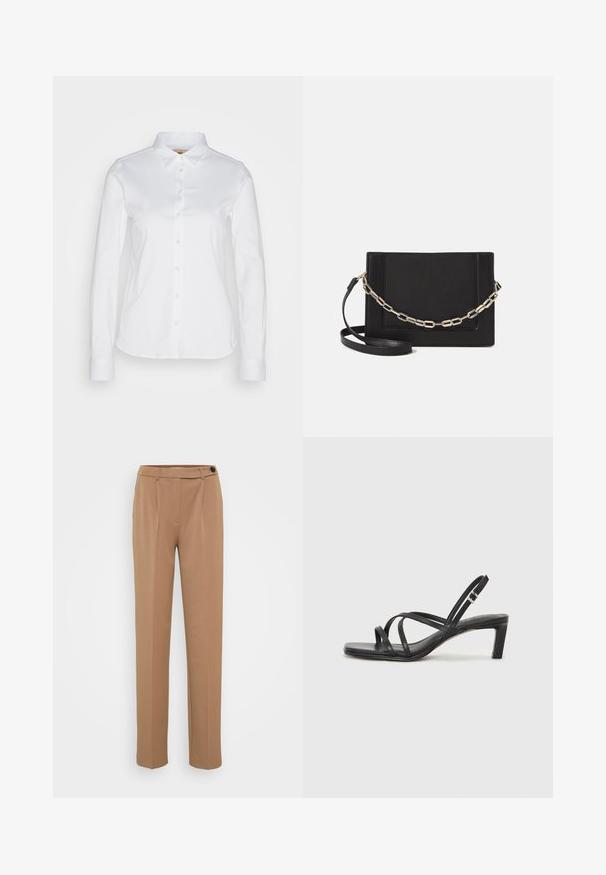 Witte langwerpige blouse met knopen en een brede kraag, gemaakt van een gladde katoenstof met een afgeronde zoom. De stof heeft een lichte glans.; Bordeaux op maat gemaakte broek met een rechte pijp, uitgerust met een enkele knoopsluiting en geplooide voorkant. Soepele textuur, minimalistische stijl.; Zwarte sandaal met bandjes, vierkante teen en een lage blokhak. Voorzien van meerdere dunne bandjes en een verstelbare enkelband. Gemaakt van zacht leer.; Zwarte leren schoudertas met een gladde textuur, rechthoekige vorm en een metallic kettingdetail aan de voorkant. Verstelbare schouderband inbegrepen.