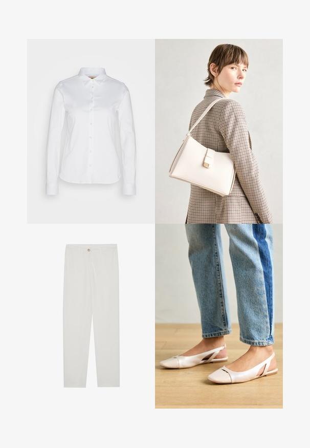 Hvid langærmet skjorte med knaplukning og spread krave, fremstillet i et glat bomuldsstof og rundet kant. Stoffet har en let glans.; Hvide, skrædderlavede bukser med lige ben design, udstyret med knaplukning, bæltesløjfer og sidelommer; glat stoftekstur.; Lyserøde slingback flade sko med spidse tær, lavet af et glat læderlignende materiale. Har udskæringsdetaljer på siderne og en flad hæl.; Hvid læder håndtaske med en struktureret design, der har en magnetlukning og en skulderrem, præsenteret mod en neutral baggrund.