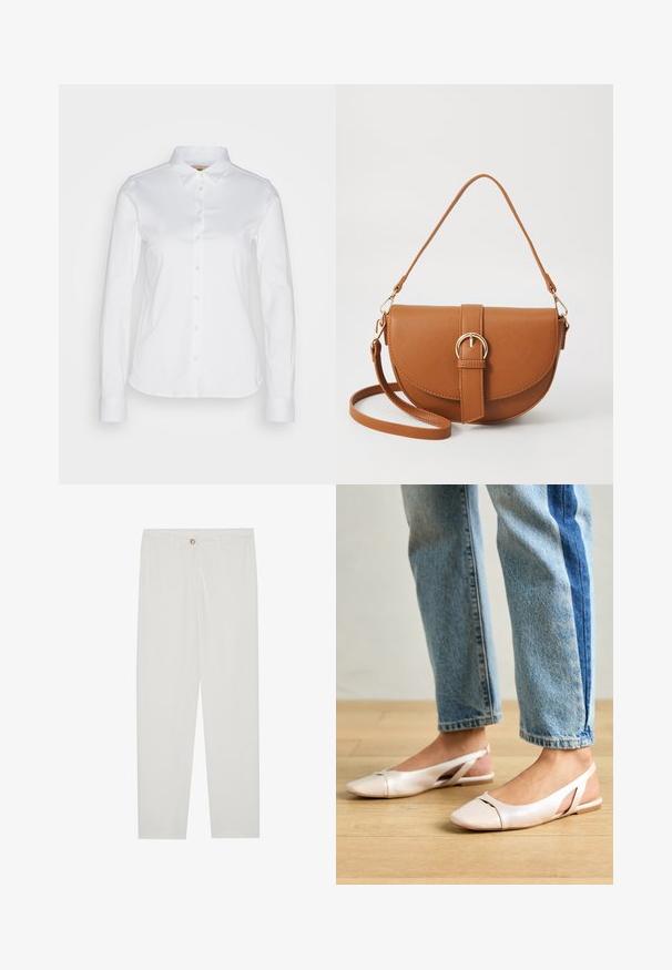 Vit långärmad skjorta med knappar och bred krage, tillverkad av ett mjukt bomullstyg med rundad nederkant. Tyget har en lätt lyster.; Vita, skräddarsydda byxor med rak benform, med knappstängning, bältesslingor och sidofickor; mjuk tygtextur.; Ljust rosa slingback-lägenheter med spetsig tå, tillverkade av ett slätt läderliknande material. Har utskurna detaljer på sidorna och en platt häl.; Brun läder crossbody-väska med en böjd form, gyllene detaljer och en spänneaccent. Har en avtagbar axelrem.