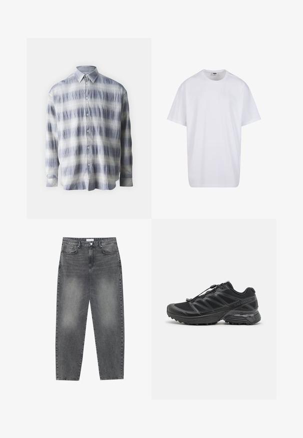 Sinise ja valge triibulise mustriga tekstuuriga kangast särk, millel on pikad varrukad ja klassikaline kaelus.; Valge puuvillane t-särk lühikeste varrukatega, ümmarguse kaelusega, lõdva lõikega ja ilma nähtavate logodeta või mustriteta. Sile tekstuur ja minimaalne disain.; Kõrgema vöökohtadega, lõdva lõikega teksad, mis on valmistatud tuhmist mustast denimist. Selles on viis taskut, traksid ja puhas, sirge säärelõige.; Mustad musta jooksujalats, millel on pehme võrkpinna ja sünteetiline ülemine osa, paindlik tallatoode ja elastsed nöödid. Omab mugavuse tagamiseks polsterdatud vaheosakest.