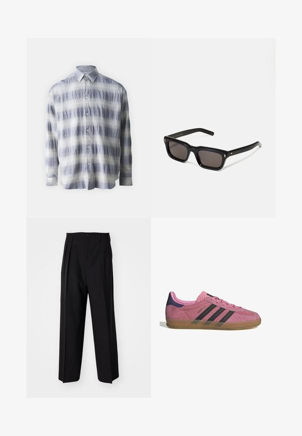 Camisa abotonada de tela texturizada en azul y blanco con un patrón a rayas, que presenta mangas largas y un cuello clásico.; Camiseta blanca de manga larga hecha de algodón suave. Cuello redondo con dobladillos rectos y sin patrones ni gráficos visibles.; Pantalones negros plisados con un diseño recto y de pierna ancha. Fabricados en una tela suave, presentan un cierre de botón y trabillas para el cinturón.; Zapatilla de ante rosa con rayas negras, suela de goma y talón texturizado púrpura. Cuenta con un diseño de cordones y una marca grabada en el lateral.; Gafas de sol rectangulares negras con lentes oscuros, marco de plástico grueso, acentos dorados en las patillas y logotipo de la marca grabado en el brazo.