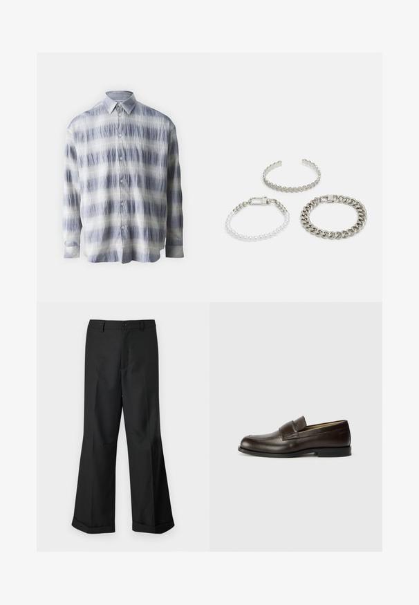 Button-up-Hemd aus strukturiertem Stoff in Blau und Weiß mit einem gestreiften Muster, verfügt über lange Ärmel und einen klassischen Kragen.; Schwarze weit geschnittene Hosen mit geknöpftem Bund und umgeschlagenen Säumen, vor einem schlichten weißen Hintergrund präsentiert.; Calvin Klein Slipper - cocoa brown; Drei Armbänder: ein silberner Armreif mit gezackten Kanten, ein perlenbesetztes weiß-silbernes Armband und ein massives metallisches Kettenarmband mit einem Verschluss.