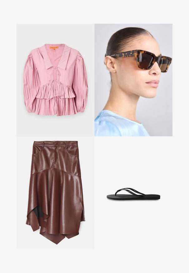 Stine Goya PLEATED BALLOON SLEEVE TIE - Blúz - pink nectar; Barna műbőr szoknya, fláreléssel és aszimmetrikus görbével, két elülső zsebbel és sima, fényes textúrával.; Fekete papucs texturált gumitalppal, két vékony pánttal és finom, domború logóval a pánton.; Tortakártyás napszemüveg vastag, téglalap alakú kerettel. Sötét lencsék és arany színű díszítések a szárakon. Simító, fényes felület.