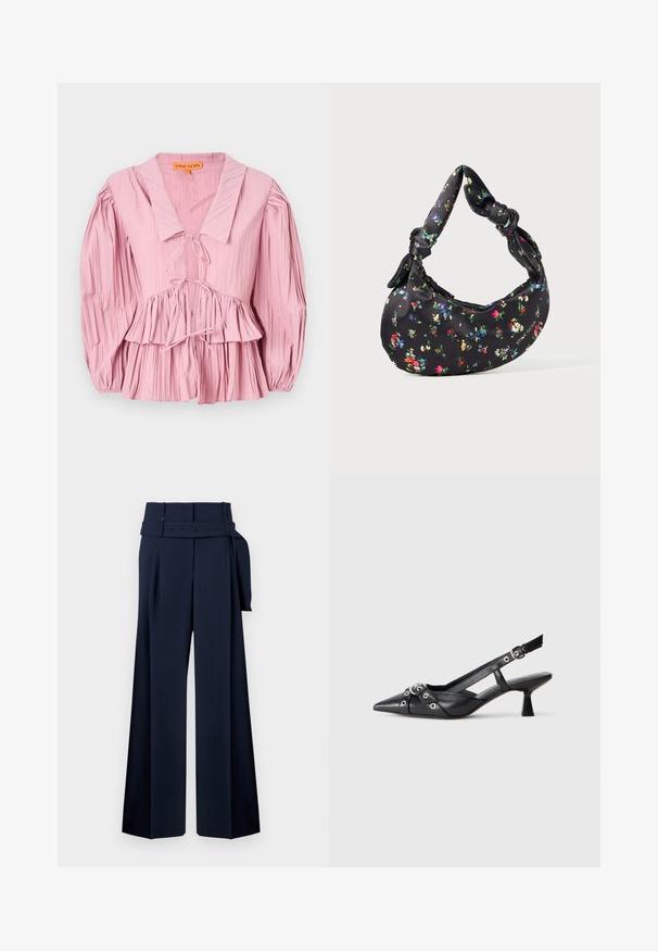 Stine Goya PLEATED BALLOON SLEEVE TIE - Blůza - pink nectar; Námořnické široké kalhoty s vysokým pasem, které mají pásek s dekorativními knoflíky a skladbami na přední straně, vyrobené z hladkého materiálu.; Černé kožené slingback boty s špičatou špičkou, dekorativními pásky s kovovými očky a nízkým blokovým podpatkem. Texturovaný povrch.; Černá měsíčková kabelka s barevným květinovým potiskem a uzlovými rukojeťmi, která má malé kovové logo v pravém dolním rohu.