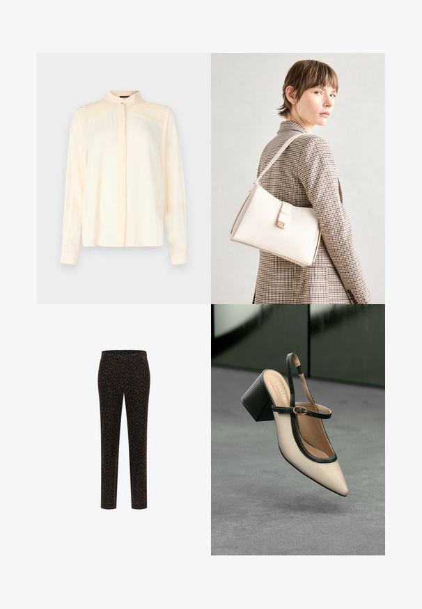 Cămașă lungă cu mânecă, de culoare crem, confecționată dintr-un material fin, cu guler mandarin, având detalii plisate fine pe umeri și închidere cu butoane în față.; Pantaloni negri cu un model de leopard în nuanțe de maro, design slim-fit, talie elastică, țesătură netedă și picioare drepte.; Pantof divers în nuanță bej, cu vârf ascuțit, curea de susținere în spate, cu margine neagră, cataramă aurie și toc gros pe un podea gri, cu un fundal verde închis.; Geantă de mână din piele albă cu un design structurat, având o închidere magnetică și un breteau, expusă pe un fundal neutru.
