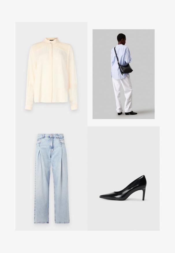 Camicia a maniche lunghe color crema realizzata in tessuto morbido, con colletto alla cinese, caratterizzata da delicate pieghe sulle spalle e chiusura frontale con bottoni.; Jeans in denim azzurro chiaro con vita alta, taglio a gamba larga, due tasche laterali e design plissettato. Texture morbida con una finitura sbiadita.; Scarpa con tacco alto in pelle nera, con punta affusolata, texture liscia e tacco rastremato. Design minimalista, senza ulteriori decorazioni.; Borsa a tracolla in pelle nera con una texture morbida, forma triangolare e tracolla regolabile, abbinata a una camicia a righe blu chiaro e pantaloni bianchi.