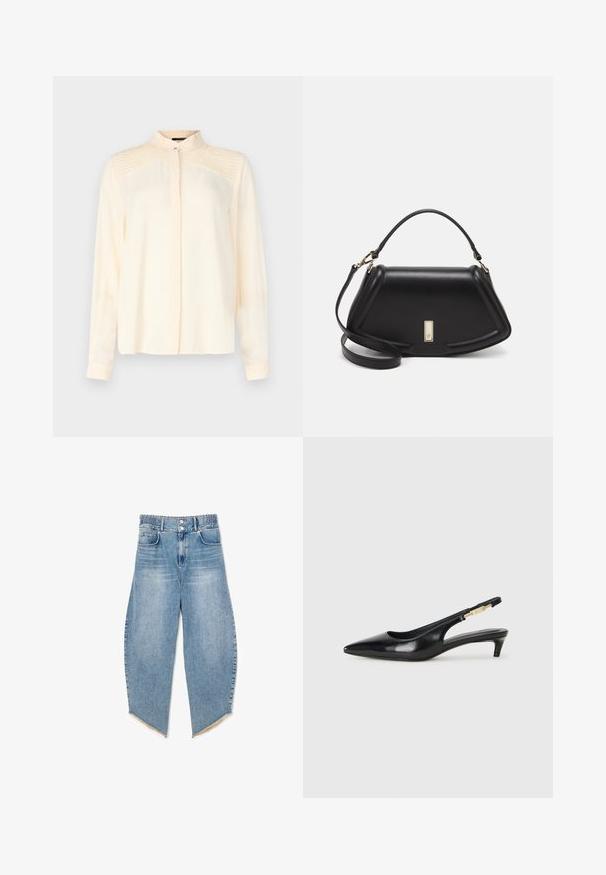 Camisa de manga larga color crema, hecha de una tela suave con cuello mao, que presenta un delicado detalle de pliegues en los hombros y un cierre frontal de botones.; Vaqueros de mezclilla azul claro con cinturilla elástica, forma ligeramente acampanada, dobladillo sin acabar y dos bolsillos delanteros.; Tacones negros de piel sintética tipo slingback con punta afilada, que cuentan con un tacón delgado y un detalle en tono dorado en la correa ajustable. Textura suave.; Bolso de mano de cuero negro con un diseño estructurado, que presenta una forma recortada, asa superior y acentos en dorado. Correa de hombro ajustable incluida.