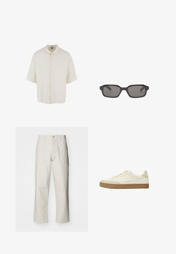 Košeľa s krátkymi rukávmi z krémovej látky, s voľným strihom, zapínaním na gombíky a klasickým dizajnom goliera.; Svetlosivé široké nohavice vyrobené z bavlny. Majú predné vrecká a zapínanie na gombík. Hladká textúra so subtílnymi vertikálnymi pruhmi.; Biele kožené nízke tenisky s béžovými akcentmi a textúrovanou gumovou podrážkou. Obsahujú tónované švy a zaoblený tvar špičky.; Čierne obdĺžnikové slnečné okuliare s tmavošedými šošovkami, s hrubým plastovým rámom a hladkým povrchom. Bez viditeľného loga.