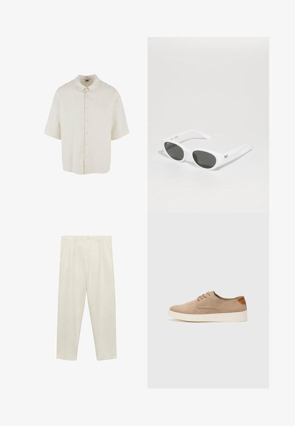Kortærmet skjorte i cremefarvet stof, med en afslappet pasform, knaplukning og klassisk kravedesign.; Lys beige, lige benbukser lavet af blødt stof, med høj talje, frontfald, knaplukning og sidelommer.; Beige ruskinds sneakers med rund tå, snørebånd foran og en struktureret rygdetalje. Hvid gummisål giver kontrast. Enkel og moderne design.; Hvide solbriller med runde stel og mørke linser. Har en glat plastoverflade og et lille logo på stangen.
