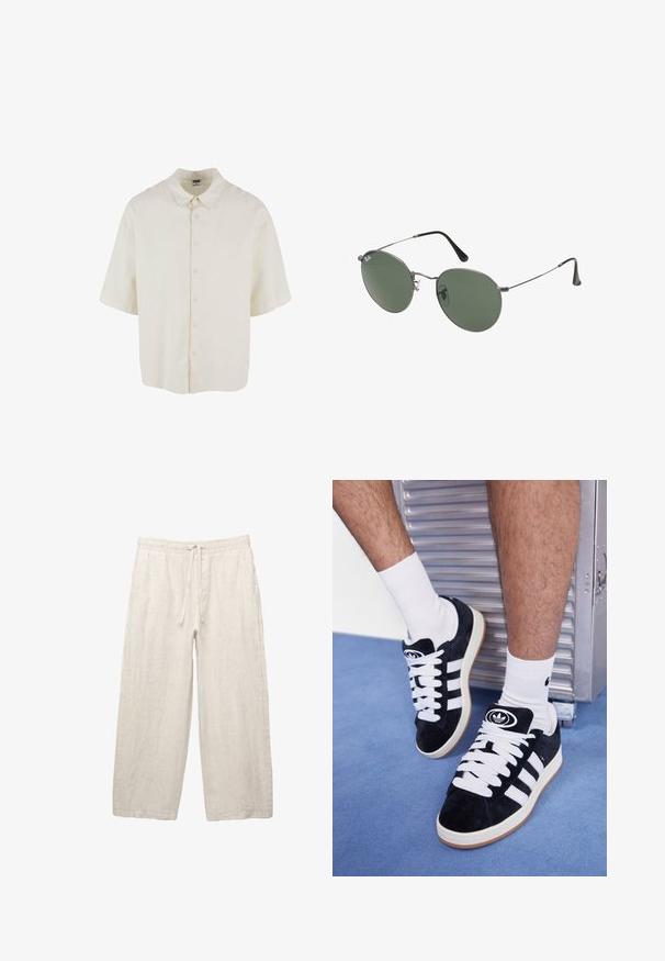 Koszula z krótkim rękawem w kolorze kremowym, charakteryzująca się luźnym krojem, zapięciem na guziki oraz klasycznym kołnierzykiem.; Lniane spodnie w jasnym beżu, z elastycznym pasem na sznurku, szerokimi nogawkami i kieszeniami po bokach. Gładka tekstura.; Czarne zamszowe sneakersy z białymi sznurówkami i trzema białymi paskami. Posiadają okrągłe czarne logo na języku i gumową podeszwę.; Okulary przeciwsłoneczne z metalową ramą i owalnymi zielonymi soczewkami. Cienka srebrna metalowa rama i czarne końcówki zauszników. Minimalistyczny design, bez widocznych logo.