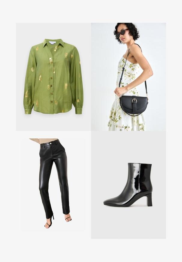Lys olivengrøn langærmet bluse med krave, knaplukning fortil og metalisk guld søhestesnegle mønstre spredt over stoffet.; Sorte syntetiske læderbukser med en tætsiddende design, høj talje, forlommer og en glat, blank overflade.; Sort lakeret ankelstøvle med spids tå og en midt-højde blokhæl. Glat tekstur og minimalistisk design.; Sort læderhåndtaske med en buet form, aftagelig rem og guldfinish. Tasken har en klap med en spænde detalje.
