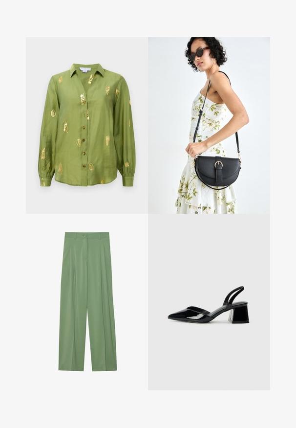 Light olive green long-sleeve blouse with a collar, button front, and metallic gold seashell patterns scattered across the fabric.; Green wide-leg trousers made of smooth fabric. Features pleats at the front, a single button closure, and belt loops.; Black patent leather slingback heels with a pointed toe and a geometric block heel. Features a sleek, minimal design and smooth texture.; Black leather handbag with a curved shape, detachable strap, and gold hardware. The bag features a flap with a buckle detail.