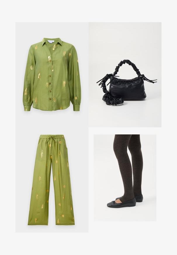 Bluză lungă cu mâneci dintr-o nuanță de verde măsliniu deschis, cu guler, închidere cu butoane și motive metalice de scoici aurii dispuse pe întreaga suprafață a materialului.; Pantaloni largi de culoare verde măsliniu, cu talie elastică și șnur, decorate cu modele de scoici aurii și cochilii de melci.; Pantofi negri cu un detaliu mic de fundiță la vârf, asortați cu colanți maro închis, cu textură ondulată. Pantofii au o textură netedă și un profil joase.; Geantă din faux leather neagră cu textură de crocodil, cu partea superioară strânsă și o curea mototolită. Pare moale și compactă ca design.