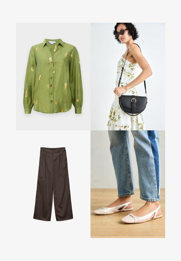 Šviesiai alyvuogių žalios spalvos ilgomis rankovėmis bluzonas su apykakle, mygtukų užsegimu ir metalinės aukso spalvos jūros kriauklių raštais, pasklidusiais per audinį.; Platus kelnes tamsiai rudos spalvos audinio su lygiu tekstūra. Ypatybės apima klostes priekyje ir standartinį juosmenį.; Šviesiai rožiniai slingback baleto bateliai su smailiu pirštu, pagaminti iš lygios odai panašios medžiagos. Yra išpjovimų detalės šonuose ir plokščias kulnas.; Juodas odinis krepšys su išlenkta forma, nuimamu dirželiu ir auksiniais detalėmis. Krepšys turi kilpą su sagtimi.