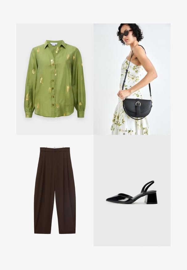 Lys olivengrøn langærmet bluse med krave, knaplukning fortil og metalisk guld søhestesnegle mønstre spredt over stoffet.; Brune højtaljede bukser med folder, lavet af glat stof. Løs pasform, straight leg design, med bæltestropper og lynlås.; Sorte patentlæder slingback hæle med spids tå og en geometrisk blok hæl. Har et elegant, minimalistisk design og en glat tekstur.; Sort læderhåndtaske med en buet form, aftagelig rem og guldfinish. Tasken har en klap med en spænde detalje.