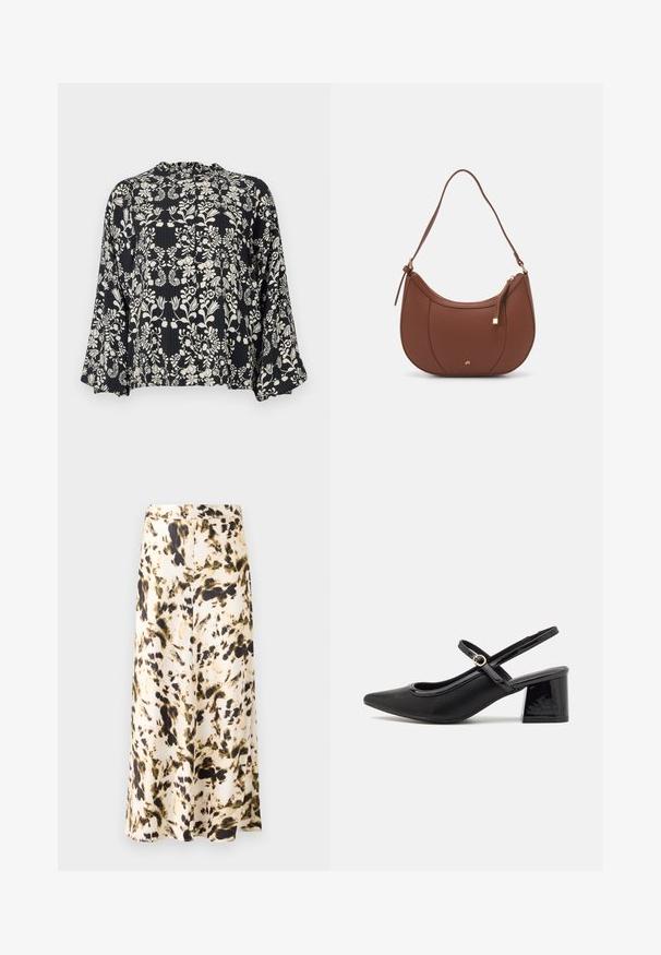 Czarna bluzka z białym kwiatowym nadrukiem, z falbaną przy dekolcie i luźnymi, rozszerzającymi się rękawami. Teksturowana tkanina z pionowymi liniami.; Spódnica do kolan z lekkiego materiału w abstrakcyjny wzór w odcieniach beżu, brązu i zieleni. Posiada dopasowany pas i zwiewny krój.; Czarne lakierowane czółenka na słupku ze spiczastym noskiem, lekko zaokrąglonym wycięciem i obcasem w kształcie bloku. Posiadają złotą klamrę jako akcent dekoracyjny.; Brązowa torebka na ramię z eko-skóry o zaokrąglonym kształcie, z minimalnym przeszyciem i złotym akcentem na okuciach. Posiada zamek błyskawiczny u góry oraz regulowany pasek.